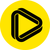 Loops Logo. Ein schwarzes Möbiusband in Dreiecksform vor dem Hintergrund eines gelben Kreis.