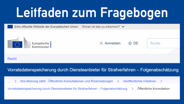 Screenshot vom Konsultationsportal der Europäischen Kommission, überschrieben mit "Leitfaden zum Fragebogen".