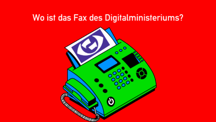 Ein Faxgerät. Es druckt das Logo der Kampagne „Chatkontrolle Stoppen!“ aus. Darüber steht: „Wo ist das Fax des Digitalministeriums?"