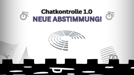 Sharepic. Oben steht: "Chatkontrolle 1.0 Neue Abstimmung!" Links und rechts davon rückwärts laufende Uhren. Mittig ist das Logo des Europäischen Parlaments. Links unten ist das Logo der Europäischen Kommission, hinter dem ein Dorn (Thorn) zu sehen ist. Rechts unten das Logo des Rats der EU, hinter dem etwas ähnliches wie das Logo von Meta angedeutet ist. Das Bild ist düster gehalten.