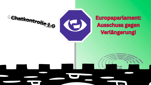 Grafik. Von links kommt "Chatkontrolle 1.0" ins Bild geflogen, Fluchtstreifen deuten eine hohe Geschwindigkeit an und dann eine starke Bremse, welche durch die Beugung angedeutet wird. Rechts auf dem Weg der Institutionen ist das Logo des Europäischen Parlaments. Davor ist ein Stoppschild mit dem Logo der Kampagne „Chatkontrolle Stoppen!“. Rechts oben im Bild steht groß: "Europaparlament: Ausschuss gegen Verlängerung!".